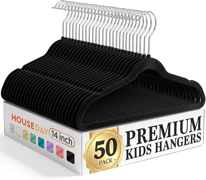 HOUSE DAY 14 Inch Kids Velvet Hangers 50 Pack, Durable Big Kid Hangers for Youth, Teen, Non Slip Kids Felt Hanger, Cute Childrens Hanger for Closet, Black