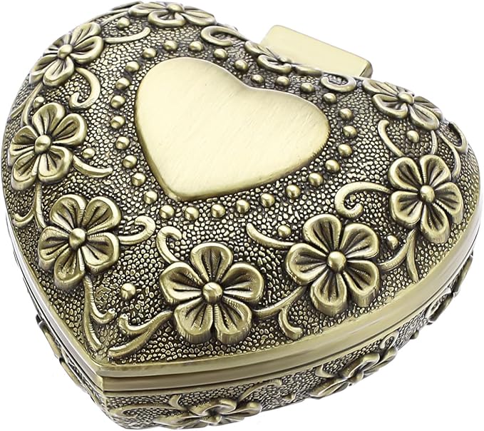 Hipiwe Vintage Heart Shape Jewelry Box - Small Antique Ring/Earrings/Necklace Storage Organizer Case, Metal Treasure Chest Trinket Keepsake Gift Box for Women,Bronze