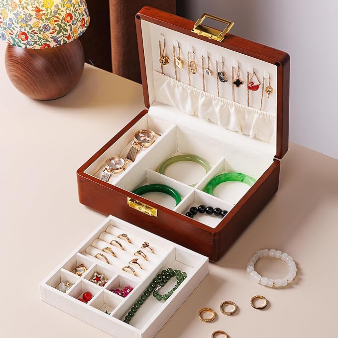Solid Walnut Wood Jewelry Organizer Box with Lock,2-Layer Vintage Jewelry Box for Men Women, Velvet-Lined Storage for Earrings Rings Necklaces Bracelets Watches Gift Beige