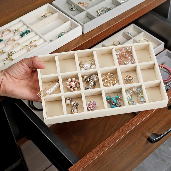 2Pcs 5 x 8.3 Inch Jewelry Box Tray Velvet Jewelry Drawer Insert Antique White 18 Grids Divided Stackable Necklace Storage Container Dresser Drawer Case for Earring Rings Display Showcase