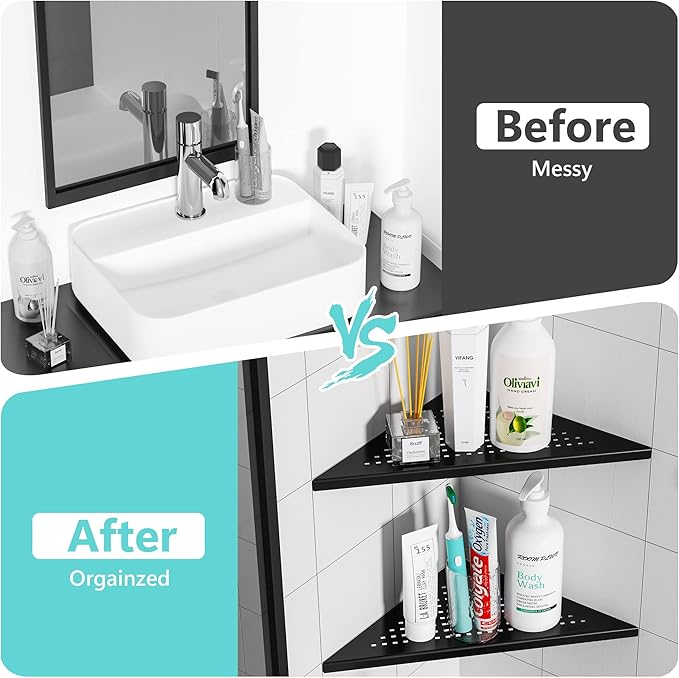 Qeke 2 Pack Bathroom Corner Shelf, Recessed 12" Corner Shower Shelf, SUS304 Stainless Steel Triangular Wall Mount, No Drilling, Matte Black