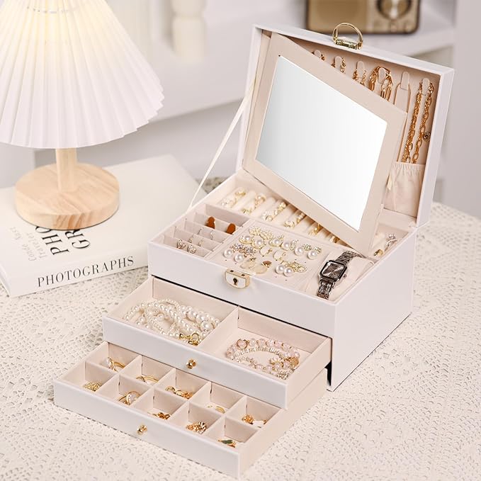 3 Layer Jewelry Boxes for Women with Mirror Large Jewelry Organizer Box with 2 Jewelry Organizer Drawer PU Lockable Elegant Unique Gifts for Women, White