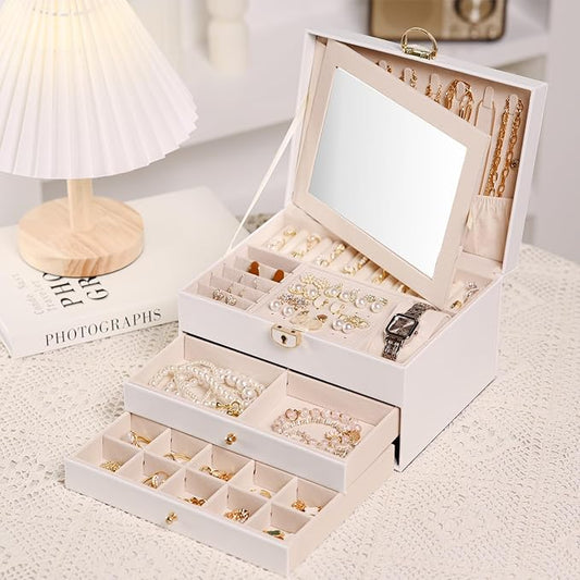 3 Layer Jewelry Boxes for Women with Mirror Large Jewelry Organizer Box with 2 Jewelry Organizer Drawer PU Lockable Elegant Unique Gifts for Women, White