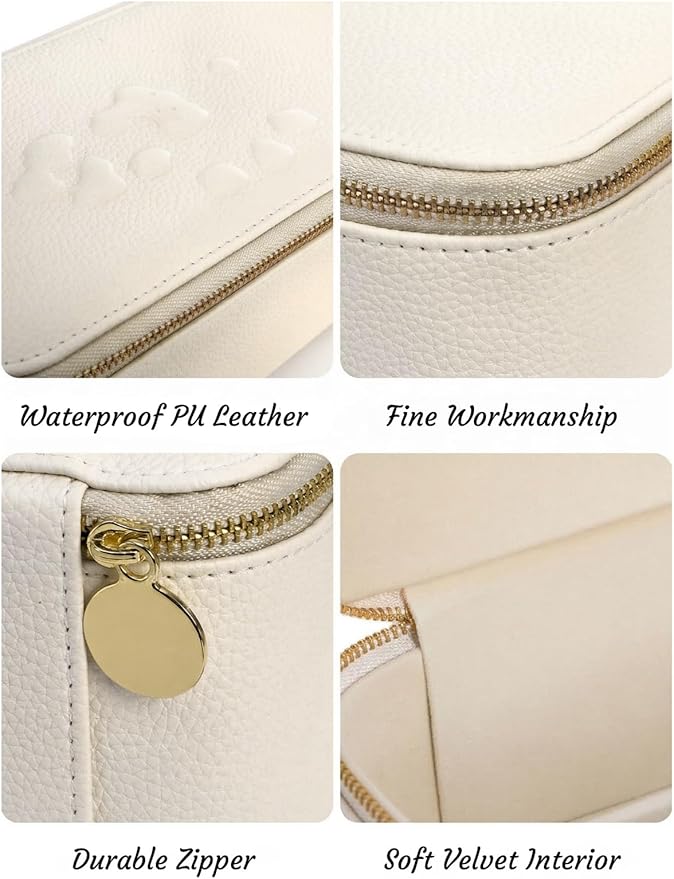 Hacaroa Travel Jewelry Case with 12 Velvet Pouches, Jewelry Storage Organizer Box PU Leather, Clear Window Small Bags Wedding Gifts for Earrings, Necklaces, Bracelets, Rings, Women, Girls, Cream White