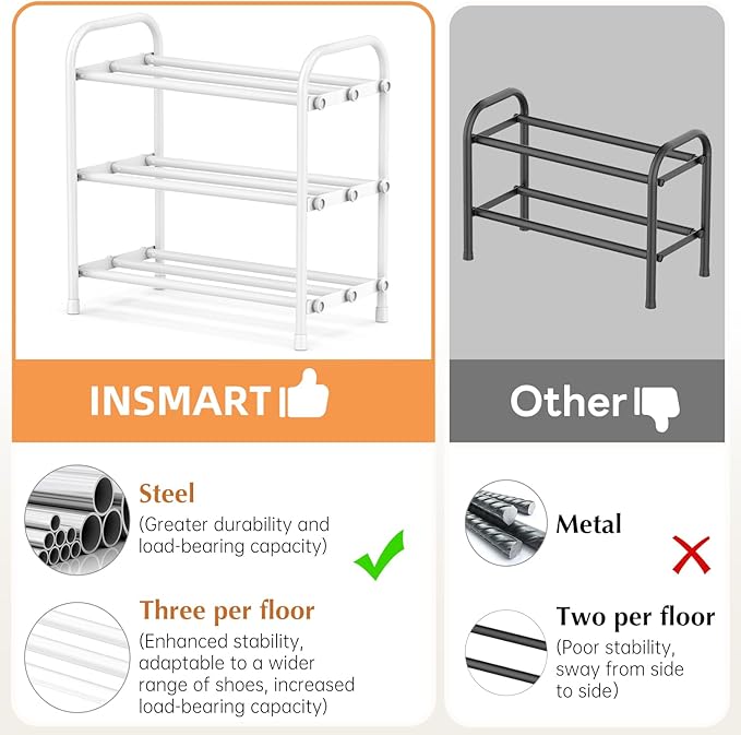 INSMART 3-Tier Expandable Shoe Rack, Stackable and Adjustable Shoes Organizer Storage Shelf, Sturdy and Durable Metal Structure Free Standing Shoe Rack for Closet Entryway Doorway, White