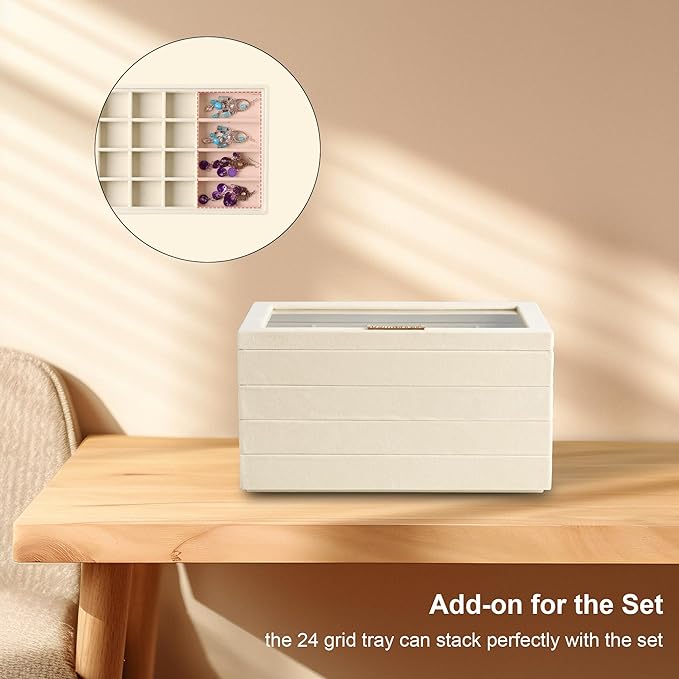 Frebeauty 24 Grid Earring Holder Organizer Tray, Jewelry Organizers and Storage for Drawer,Velvet Jewelry Display Storage for Earrings,Rings,Studs,10.5 x 6.5 x 1.2 Inches Gift for Women (Beige)