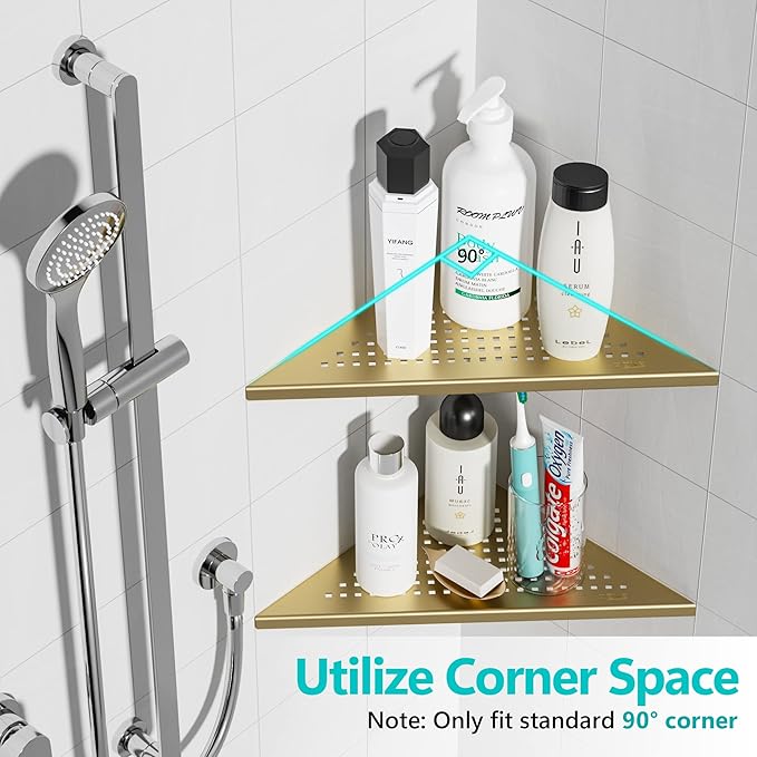 Qeke 2 Pack Bathroom Corner Shelf, Recessed 12" Corner Shower Shelf, SUS304 Stainless Steel Triangular Wall Mount, No Drilling, Brushed Golden