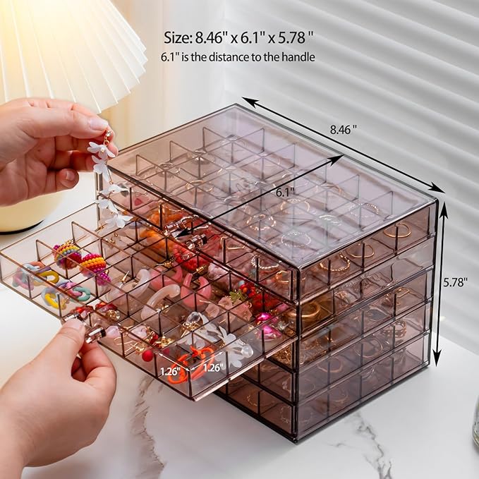 YUFONG Earring Storage Box Organizer, Acrylic Jewelry Storage Box Holder 5 Drawers Transparent Jewelry Display Stand with 120 Small Compartments Gift Boxes for Women Girls (Clear Purple Brown)