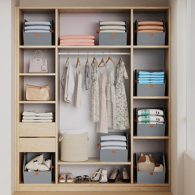 Homsorout Fabric Closet Storage Cubes - 8 Pack Square Storage Bins with Dual Handles for Clothes, Towels, Toys, Cube Storage Organizers for Bedroom, Nursery, Shelves, Closet, Small Spaces, Grey