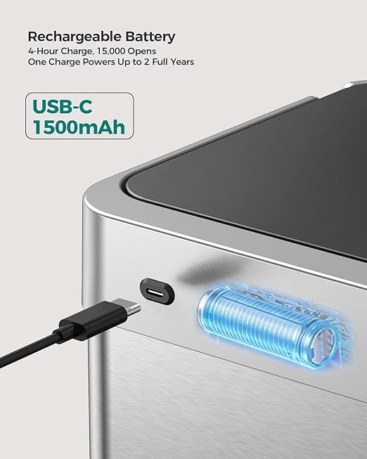 Kitchen Trash Can Touchless, 13 Gallon/50 L Stainless Steel Automatic Motion Sensor Trash Can, Type-C Rechargeable Garbage Can with Lid, Silent Close, Touchless Trash Bin for Home Kitchen, Silver