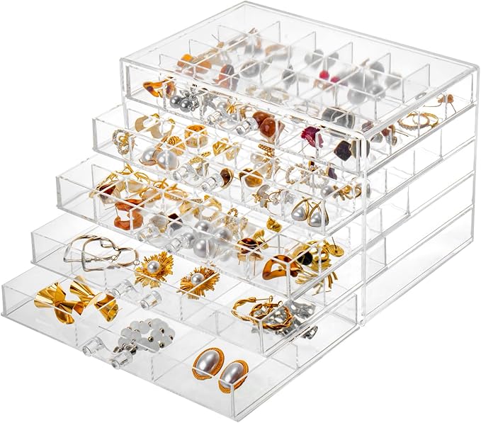 YUFONG Jewelry Boxes Earring Storage Box Organizer 5 Drawers Jewelry Organizer Acrylic Jewelry Storage Box Holder Compartment Transparent Display Storage Case Gift for Women Girls (84 Girds)
