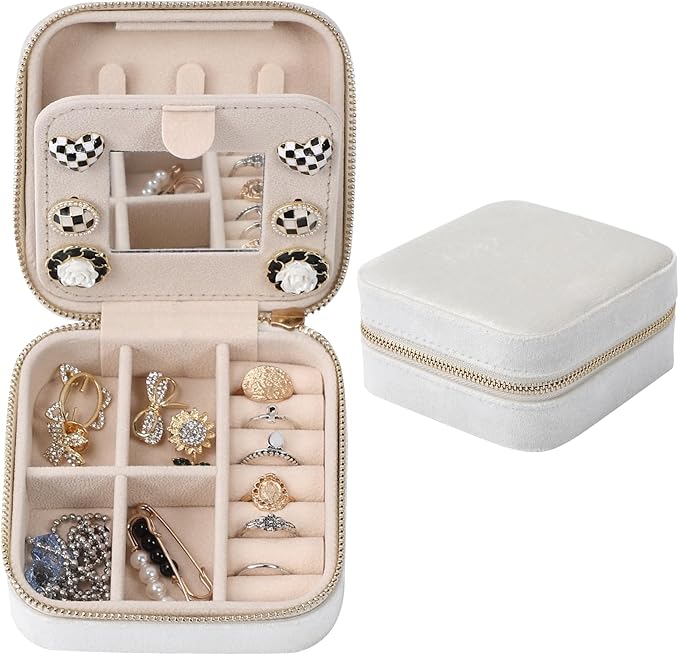 Dajasan Velvet Jewelry Box, Mini Travel Jewelry Case, Portable Travel Jewelry Organizer with Mirror for Birthday Mother's Day Valentine's Day(Beige)
