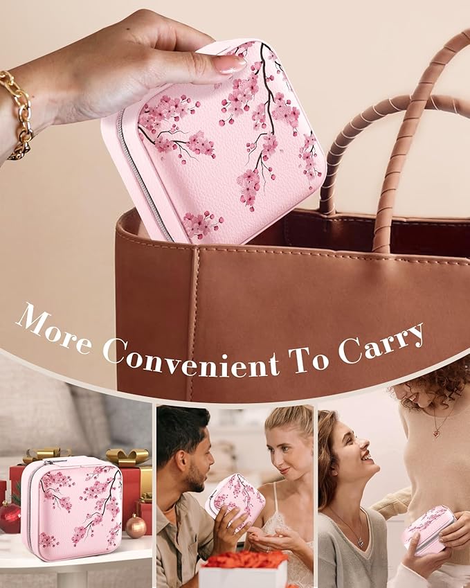 Bistup Travel Jewelry Case - Small Jewelry Organizers and Storage Box for Women Girls Teens Cute Traveling Jewelry Holder with Mirror Little Tiny Compact Modern Unique Aesthetic Pretty, Peach Blossom