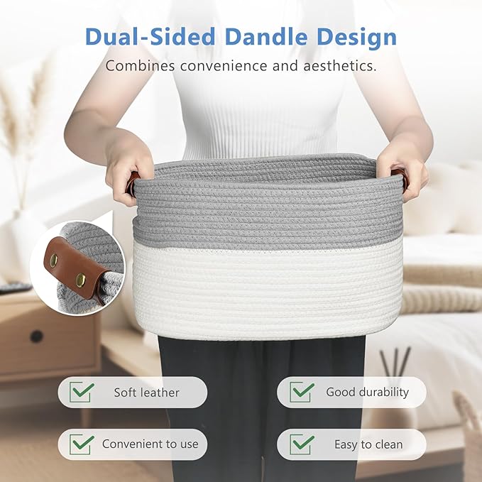 ECDYQXVU Cotton Rope Storage Baskets,15x10x9 in,Foldable Storage Bins, Decorative Woven Basket Cube Storage Organizer for Laundry, Towel, Clothes (White/Grey-3Pack, 15x10x9 inches)