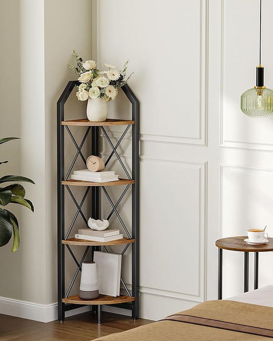 CHOEZON 4-Tier Rustic Brown and Black Corner Shelf, 4-Shelf Industrial Corner Bookshelf, Space-Saving Corner Storage Stand, Plant Stand Display Shelf, Bedroom, Living Room, Home Office