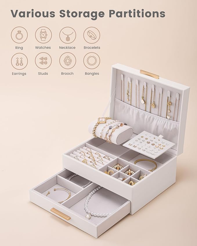 Lolalet 2-Layer Jewelry Box Organizer for Women Girls, Jewelry Storage Case Holder with Drawers for Necklaces Ring Earrings Bracelet Watch, Gifts Choice for Mom Mother’s Day -Beige