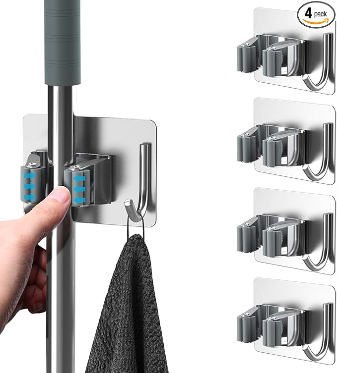 homeasy Mop Broom Holder No Drill, Mop Broom Organizer Wall Mounted Heavy Duty with Hooks Hanger, Self Adhesive Stainless Steel 4Pcs for Bathroom, Kitchen, Office (Silver)