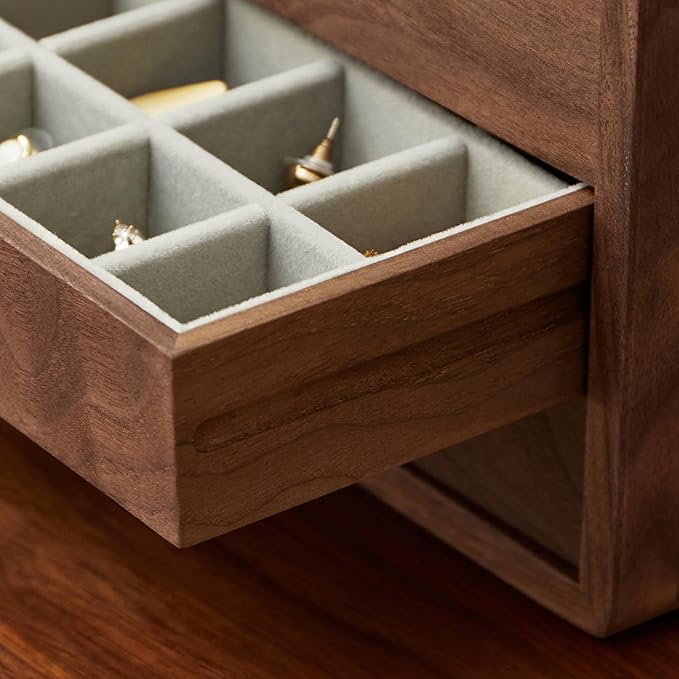 Wooden Jewelry Box for Women & Men, Large Velvet Lined Organizer with 3 Drawers, Solid Black Walnut Wood & Brass Handles, Earring Ring Necklace Storage Box