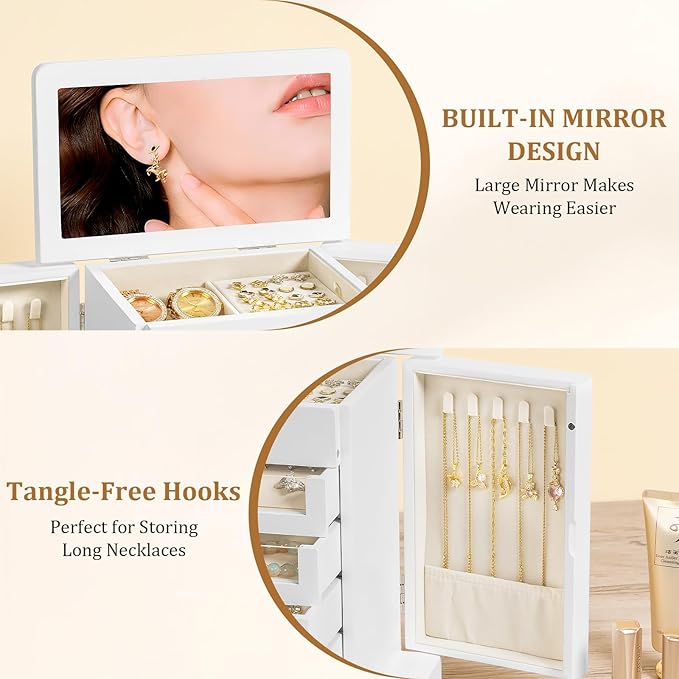 Large Jewelry Box & Organizer for Women, Wooden Jewelry Storage with 4 Transparent Drawers, Holds Necklaces, Rings, Bracelets, Earrings and Watches(White)