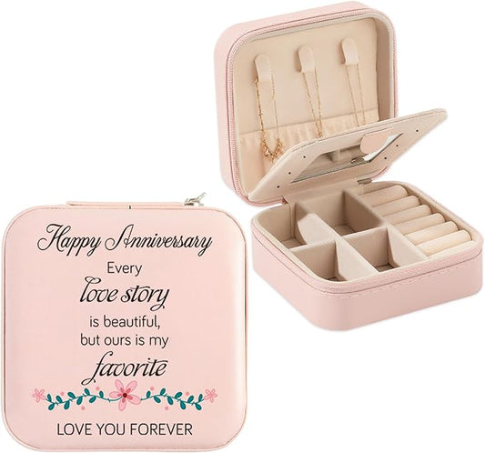 Wedding Anniversary Keepsake Gift for Her Wife Girlfriend Romantic Happy Anniversary Marriage Gift for Women Pink Portable Travel Jewelry Box with Mirror Jewelry Display Case Holder Organizer