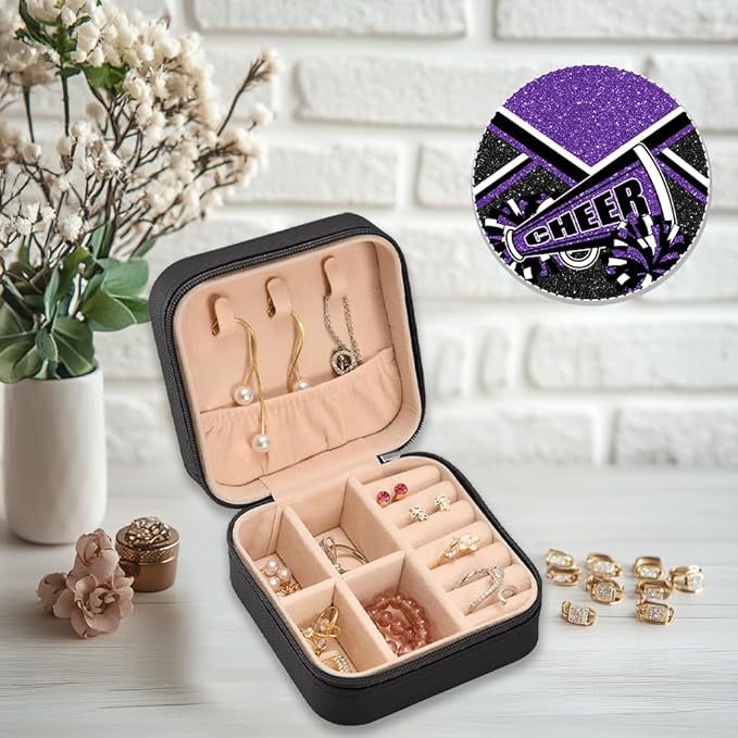 Cheerleader Travel Jewelry Case, Cheer Travel Jewelry Box for Women, Mini Jewelry Travel Case for Cheer Team, Cheerleader Gifts for Girls (Purple)