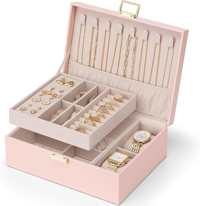 VLANDO 2 Layer Jewelry Box Large Jewelry Organizer for Mothers Day Mom Gifts Jewelery Tray with Watch Pillow for Necklace Earrings Rings Bracelets Jewelry Boxes for Holidays Gifts (Pink)