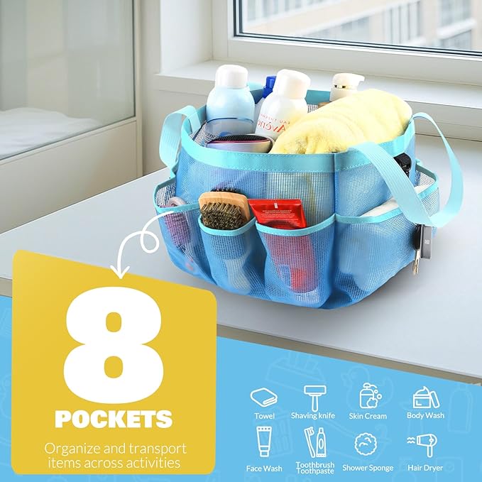 LOYEE Mesh Shower Caddy Portable for College Dorm Room Essentials with 8 Pockets, Shower Bag for Beach, Swimming, Gym, Travel, Bathroom(All blue)