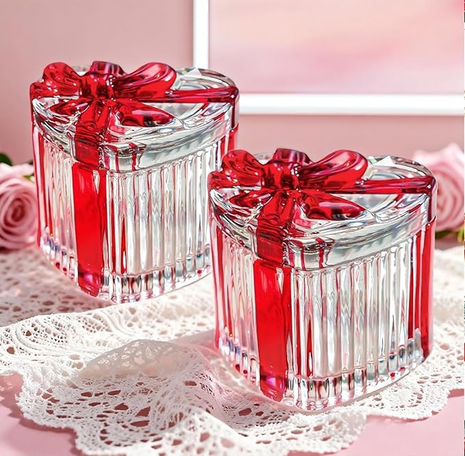 kanpura 2 Pack Glass Heart Shaped Jewelry Box Candy Dish with Lid Ring Earring Trinket Storage Box Vintage Jewelry Organizer Decorative Jar Gifts for Women Girls(Red & Clear)