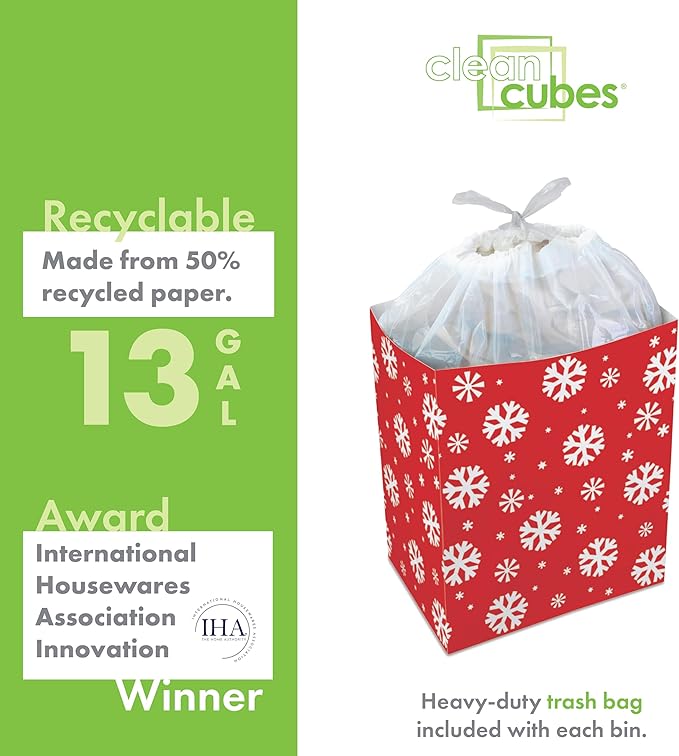 Clean Cubes 13 Gallon Disposable Pop-Up Trash Cans (3-Pack) with Fitted Bags – Foldable Garbage & Recycling Bins for Parties, Events & Kitchen (Snowflake, 17" H x 13.5" W x 10" D)