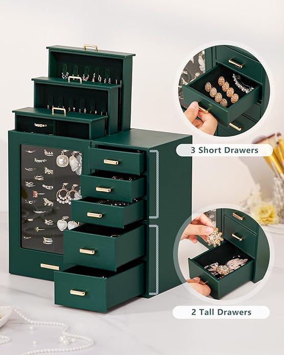 Homde Large Jewelry Box/Organizer/Case with Glass Window, Drawers for Necklaces Earrings Rings Bracelets Watches Gift for Women Girls
