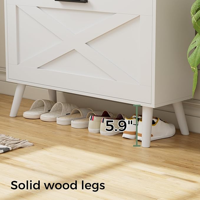 Homleke 32" W Farmhouse Shoe Storage Cabinet with 2 Flip Drawers and Barn Door Design, Adjustable Shelves, Modern Hidden Slim Narrow Shoe Rack Cabinet for Entryway, Foyer, Hallway, Living Room, White