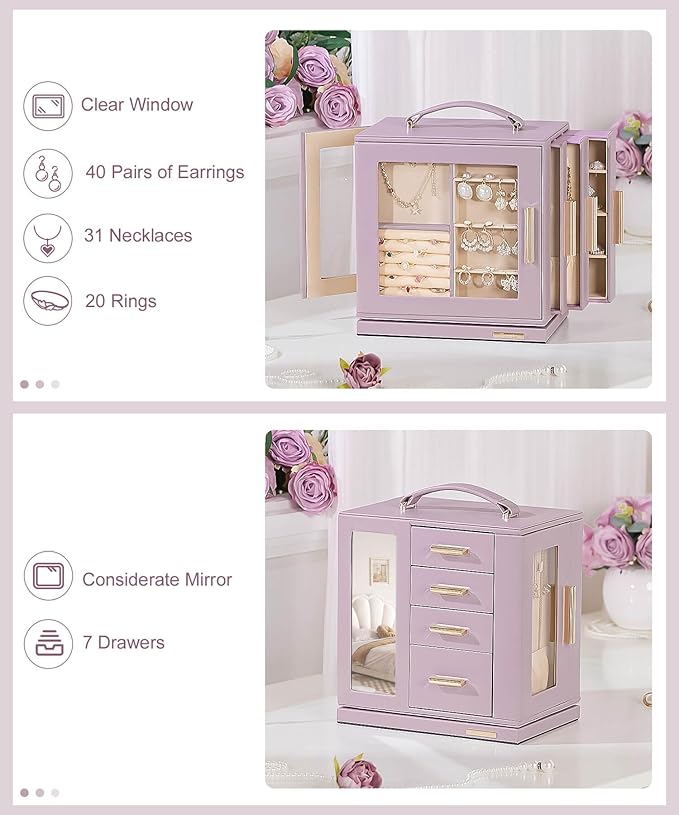 Homde Jewelry Box 360° Rotating, Necklace Earring Organizer with Transparent Window, Mirror, 7 Drawers, Large Ring Display Storage Case for Girls Women (Grey Purple)