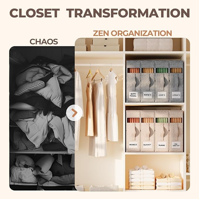 12Pack Sheet Organizers and Storage - King/Queen Size Sheet Storage Organizer with Window, Foldable & Dustproof Sheet Organizer for Linen Closet for Summer Blankets & Sheet Sets,Grey