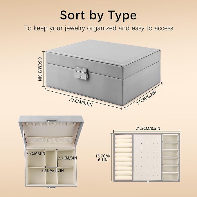 Homeanda Jewelry box 2 layer Jewelry box Leather Jewelry boxes for Women Girls Teens Jewelry organizer box Jewelry Storage box with lock(Grey)