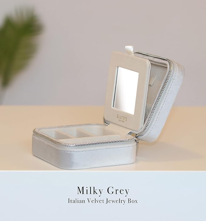 BLUTETE Travel Jewelry Box Organizer Velvet Travel Case With Mirror Rings Earrings Necklaces Storage Organizer Box (Milky Grey)
