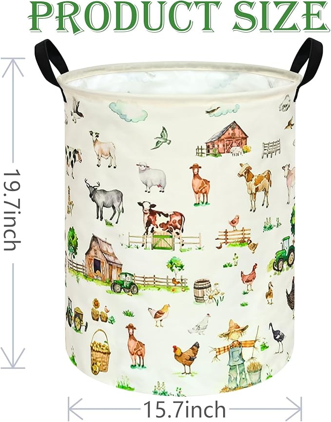 Collapsible Kids Laundry Basket Clothes Hamper, Foldable Storage Organizer Bin, Toy Clothes Storage with Handles for Boys Girls Bedroom, Room Decor Farm