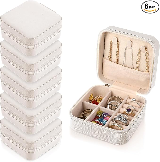 6 Pack White Travel Jewelry Case, PU Leather Mini Jewelry Organizer Box, Portable Earring Storage Box for Women, Girls, Bridesmaid Gifts(3.94 x 3.94 x 1.97 Inches)