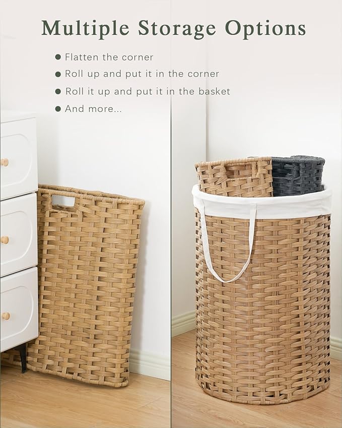SETVSON Laundry Hamper with Lid 23.8 Gal (90 L) Round Laundry Basket with Lid Handwoven Clothes Hamper Removable Bag 2 Mesh Bags Rattan Woven Basket Handles for Bathroom Living Room Natural