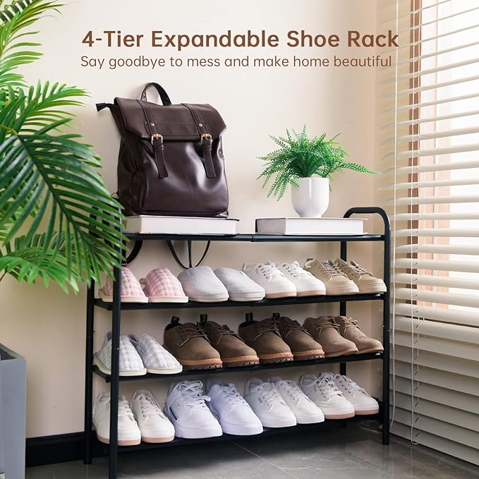 Gonfoam 4-Tier Expandable Shoe Rack,Adjustable Shoe Shelf Storage Organizer Heavy Duty Metal Free Standing Shoe Rack for Entryway Closet Doorway (Black)
