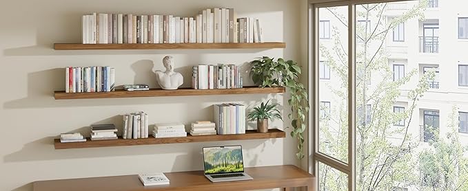 ROGMARS 72 Inches Long Walnut Floating Shelves,Rustic Solid Wood Farmhouse Wall Shelves with Invisible Brackets for Bathroom, Living Room, Bedroom, Kitchen Set of 3