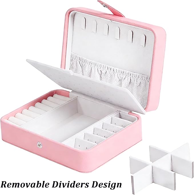 QBestry All-in-One Travel Jewelry Organizer for Women Pink | Small Jewelry Box with 68 Earring Holes | Compact Portable Jewelry Case for Earrings, Rings, Necklaces | Perfect Gifts for Mom Wife Girls