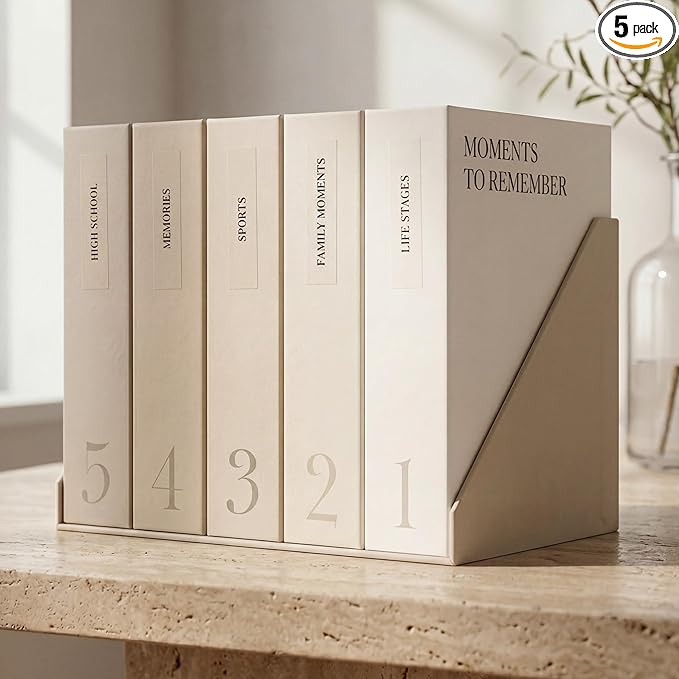 ZICOTO Decorative Photo Storage Box Set of 5 - Sturdy Photo Organizer Boxes with Dividers and Pre-Printed Labels to Keep Your Precious 4x6 Pictures Beautifully Organized on Your Shelf