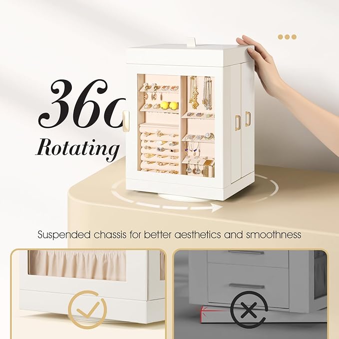 TidyStash 360° Rotating Jewelry Organizers and Storage, Large Jewelry Boxes for Women Necklace, Ring Earring Storage, Vertical Accessory Organizers and Storage, Cream White