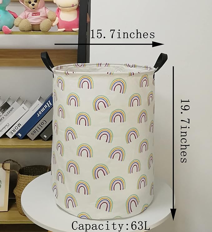 Collapsible Kids Laundry Basket Clothes Hamper, Foldable Storage Organizer Bin, Toy Clothes Storage with Handles for Boys Girls Bedroom, Room Decor Rainbow
