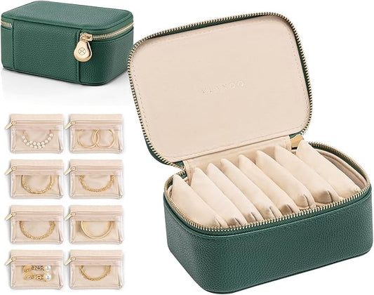 VLANDO Travel Jewelry Box Organizer – Portable PU Leather Jewelry Case with 6/8/12 Zippered Pouches, Compact Storage for Earrings Rings Necklaces Bracelets, Dark Green