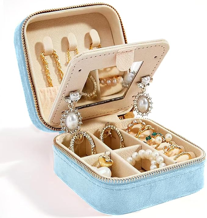 Smileshe Travel Jewelry Box with Mirror, Velvet Mini Case for Women Girls, Small Portable Gifts Organizer Boxes for Rings, Earrings, Necklaces, Bracelets