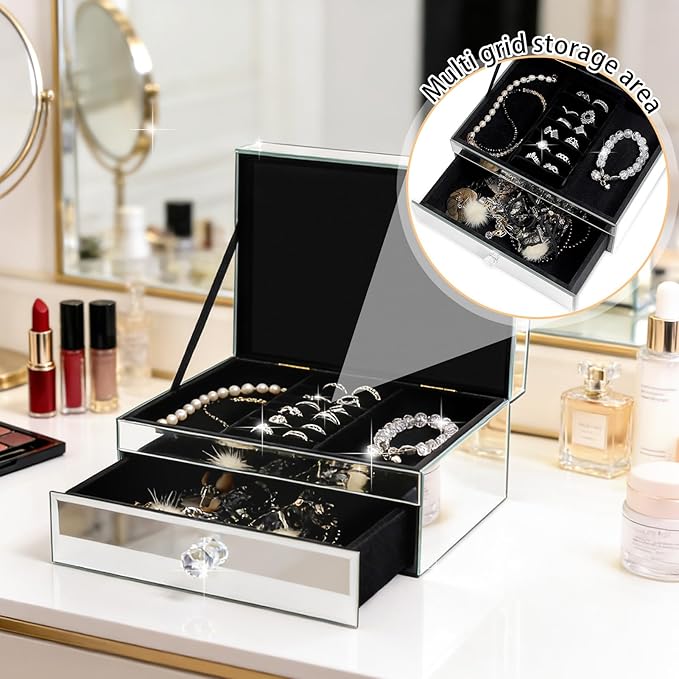 2 Layer Mirror Glass Jewelry Box with Crushed Diamond Decor, Velvet-Lined Trinket Organizer for Rings Earrings Necklaces Bracelets - Elegant Treasure Chest Storage Case for Women Girls