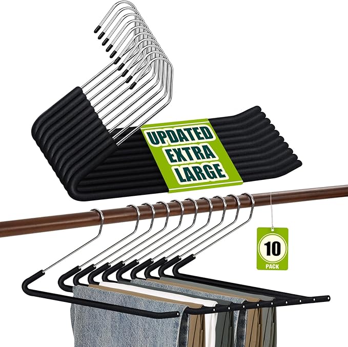 Spring Fever Open Ended Non Slip Sponge Padded Pants Hangers - Chrome Plating Foam Heavy Duty Space Saving Black Long 10