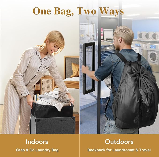 Foluck 60L 2-in-1 Laundry Hamper with Laundry Backpack, Waterproof Basket with Lid, Laundry Bag with Shoulder Straps and Mesh Pocket, Hamper for College Dorm, Travel, Apartment, Laundromat
