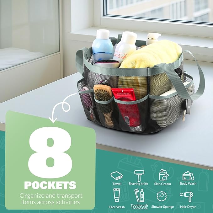 LOYEE Mesh Shower Caddy Portable for College Dorm Room Essentials with 8 Pockets,Shower Bag for Beach,Swimming,Gym,Travel,Bathroom(Grey)